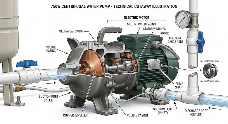 bản vẽ kỹ thuật chi tiết dạng cắt ngang của một máy bơm nước ly tâm 750W. Thể hiện các bộ phận bên trong bao gồm động cơ điện, rôto, stato, trục, cánh quạt bằng đồng, vỏ bơm, phớt cơ khí, cửa hút và cửa xả