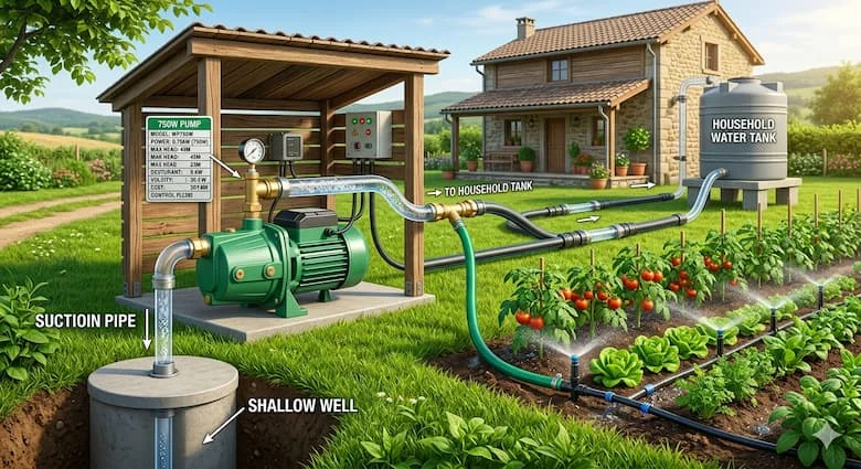 một khung cảnh chân thực thể hiện máy bơm nước 750W đang bơm nước từ giếng cạn lên bể chứa nước sinh hoạt và hệ thống tưới vườn. Nước chảy qua đường ống, khu vườn xanh mát, môi trường nhà ở nông thôn