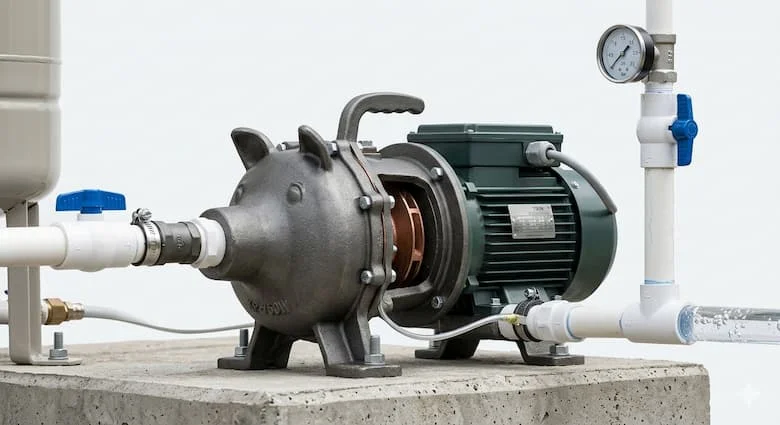 hình ảnh chụp sản phẩm độ phân giải cao của máy bơm nước hình con heo 750W (máy bơm nước ly tâm gang truyền thống), với thân máy bằng gang chắc chắn, cánh quạt bằng đồng, động cơ điện và các cổng đầu vào/đầu ra