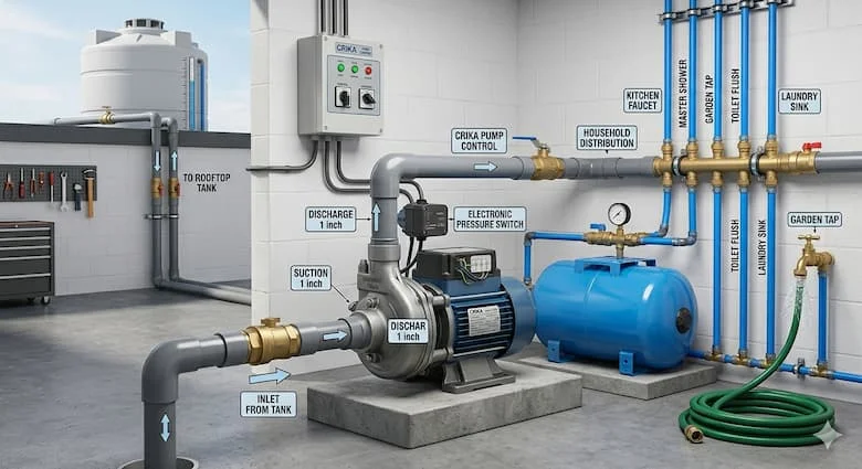 Mô phỏng thực tế việc lắp đặt máy bơm nước dân dụng, kết nối với bồn chứa nước trên mái nhà và hệ thống đường ống nước trong nhà. Hình ảnh hiển thị máy bơm, ống PVC, hệ thống điều áp và phân phối nước đến nhiều thiết bị