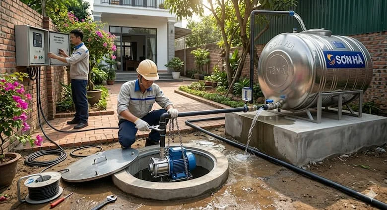 Máy bơm chìm giếng sâu được lắp đặt bên trong giếng khoan, bơm nước ngầm sạch lên bể chứa nước sinh hoạt, môi trường ngoài trời chân thực, công trình lắp đặt kỹ thuật.