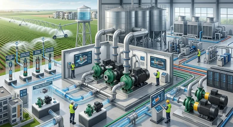 một cảnh thực tế thể hiện việc sử dụng máy bơm nước điện trong hệ thống cấp nước sinh hoạt, tưới tiêu nông nghiệp và hệ thống cấp nước công nghiệp