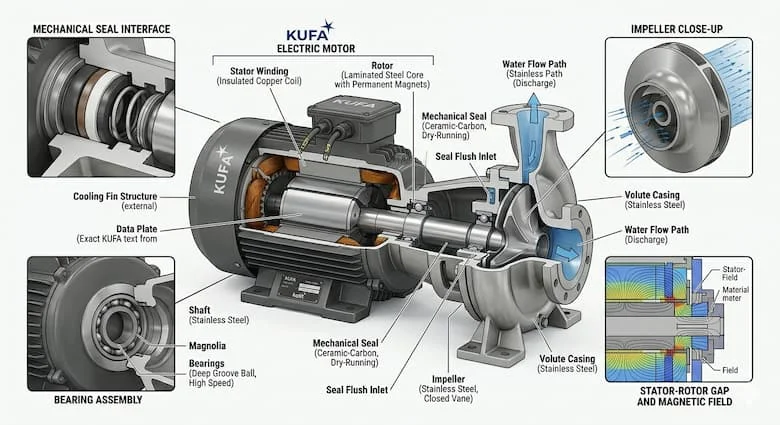 Sơ đồ kỹ thuật cắt ngang của máy bơm nước KUFA thể hiện các bộ phận bên trong bao gồm động cơ điện, stato, rôto, trục, cánh quạt, phớt cơ khí, ổ bi và vỏ bơm