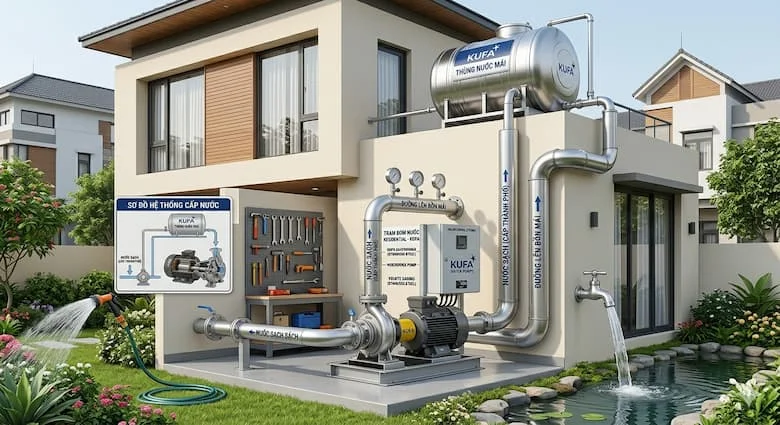 Hệ thống cấp nước sinh hoạt hiện đại sử dụng máy bơm nước KUFA kết nối với bồn chứa nước trên mái nhà. Ngoại thất nhà sạch sẽ, hệ thống nước chảy, lắp đặt đường ống nước thực tế, chụp ảnh thương mại chuyên nghiệp