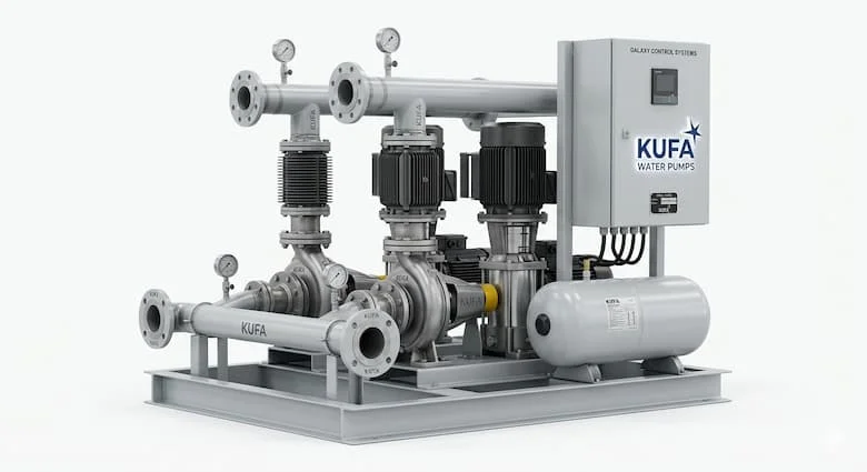 Hình ảnh sản phẩm máy bơm nước KUFA siêu thực. Máy bơm nước ly tâm hiện đại với vỏ kim loại, động cơ điện, cánh tản nhiệt và vỏ bơm. Phong cách catalogue thiết bị công nghiệp