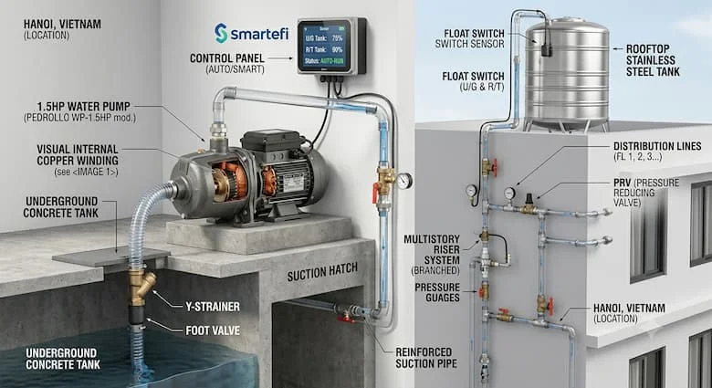 Máy bơm nước 1.5HP cung cấp nước từ bể chứa ngầm lên bể chứa nước trên mái nhà của một ngôi nhà nhiều tầng, mô phỏng thực tế lắp đặt trong nhà ở, hệ thống đường ống có thể nhìn thấy, hình ảnh kỹ thuật chuyên nghiệp