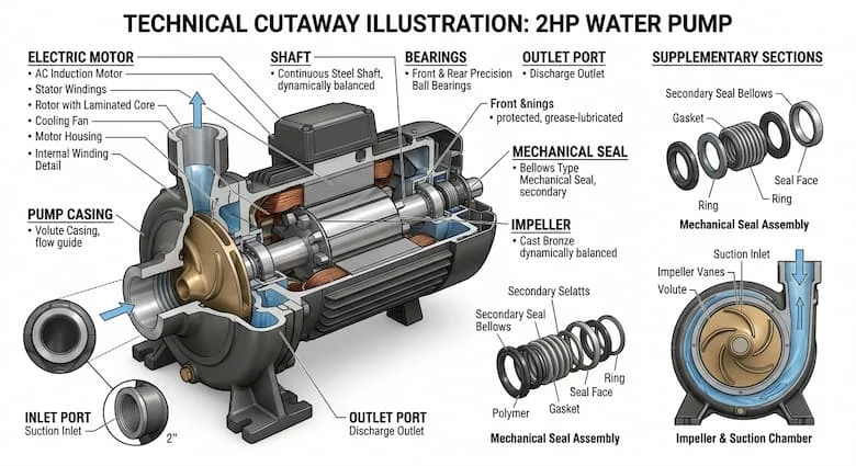 bản vẽ kỹ thuật chi tiết, thể hiện hình ảnh cắt ngang của một máy bơm nước 2HP. Hiển thị và ghi chú các bộ phận chính bao gồm động cơ điện, cánh quạt, vỏ bơm, trục, phớt cơ khí, cửa hút, cửa xả và ổ bi