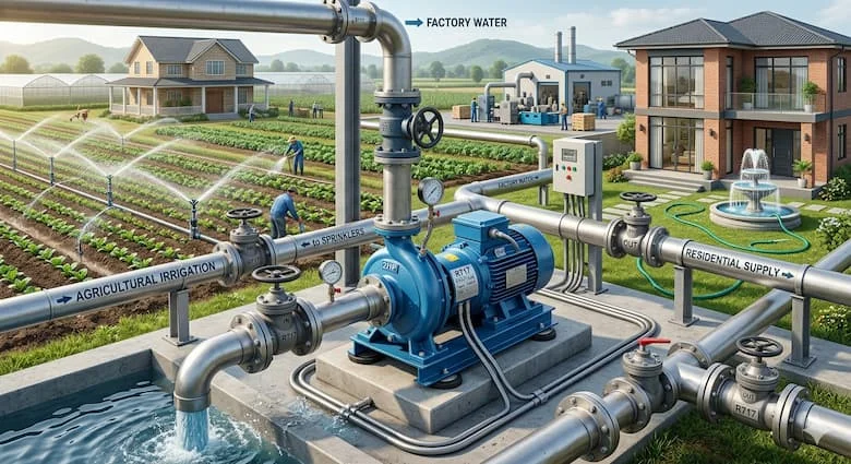 một cảnh thực tế thể hiện máy bơm nước 2HP cung cấp nước đồng thời cho một ngôi nhà lớn, hệ thống tưới tiêu nông nghiệp và một nhà máy nhỏ. Đường ống dẫn nước được kết nối với máy bơm, dòng chảy nước mạnh mẽ, môi trường kỹ thuật hiện đại