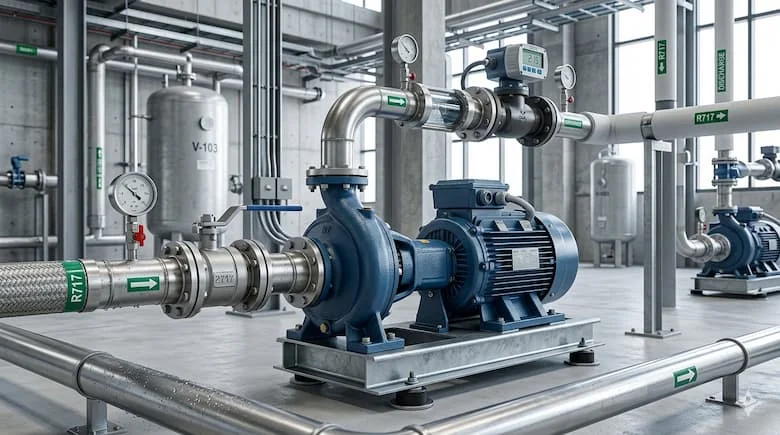 ảnh sản phẩm thương mại độ phân giải cao về máy bơm nước 2HP được lắp đặt trong hệ thống cấp nước hiện đại. Máy bơm có thân bằng gang chắc chắn, động cơ điện, các cổng hút và xả được nhìn thấy rõ ràn