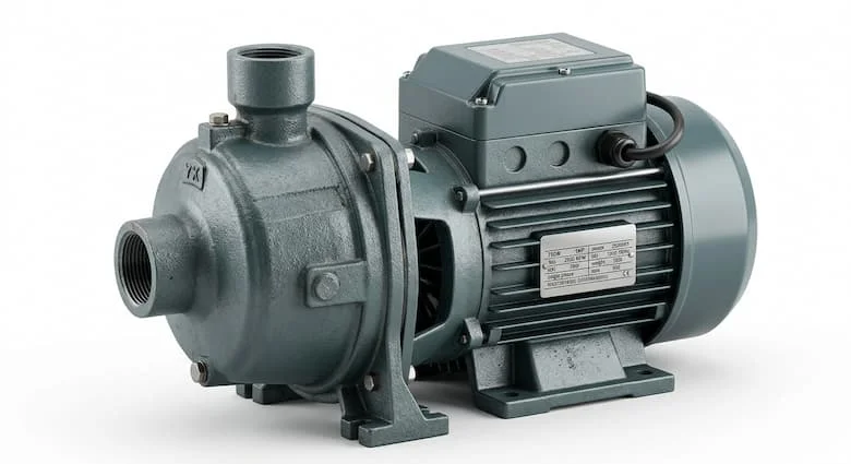 Hình ảnh siêu thực về máy bơm nước Trung Quốc 750W, máy bơm nước ly tâm 1HP, thân bơm bằng gang với động cơ điện, ảnh sản phẩm công nghiệp