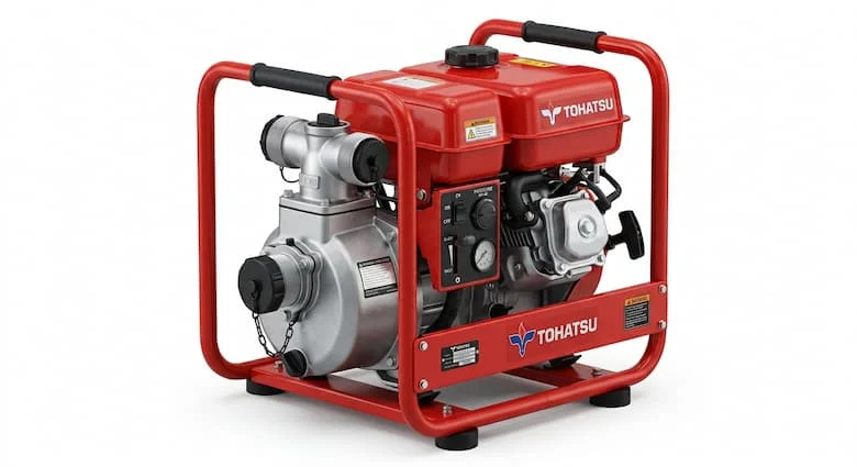 Máy bơm nước chữa cháy xách tay Tohatsu siêu thực, thiết bị chữa cháy Nhật Bản, máy bơm chữa cháy nhỏ gọn chạy bằng động cơ xăng, được gắn trên khung bảo vệ