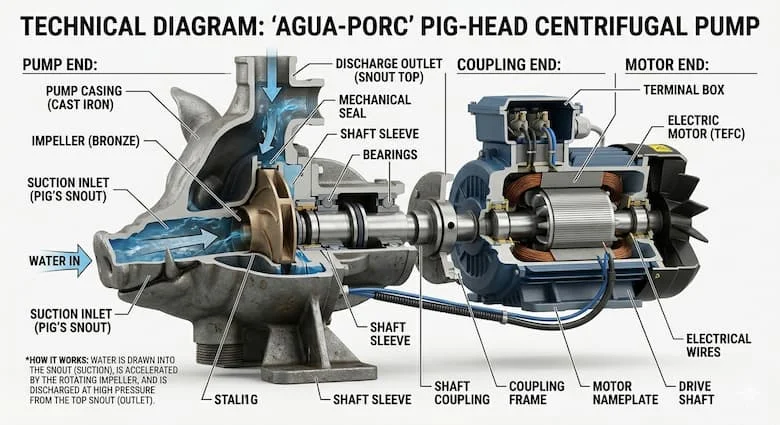 Sơ đồ kỹ thuật cắt ngang của một máy bơm nước kiểu đầu lợn, thể hiện cánh quạt, vỏ bơm, động cơ, trục, phớt cơ khí, cửa hút và cửa xả, được dán nhãn hình vẽ kỹ thuật