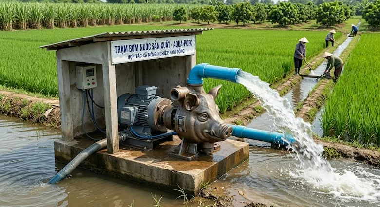 Máy bơm nước hình đầu lợn cung cấp nước cho hệ thống tưới tiêu nông nghiệp, bơm nước từ kênh mương lên ruộng, môi trường nông thôn, cảnh nông nghiệp thực tế