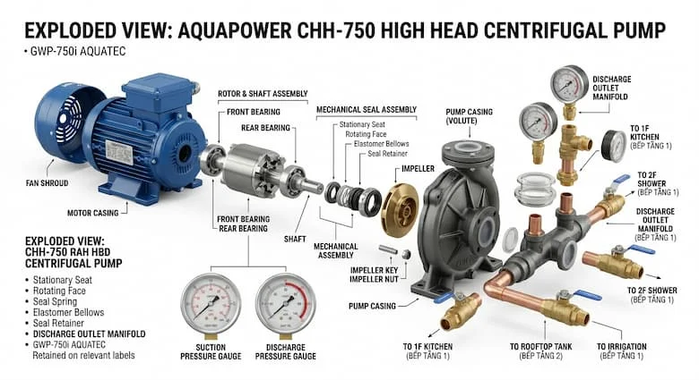 Hình chiếu tháo rời của một máy bơm nước cột áp cao, thể hiện động cơ điện, cánh quạt, trục, vỏ bơm, ổ bi, phớt cơ khí và cửa xả, các bộ phận kỹ thuật được dán nhãn