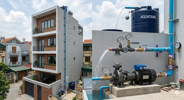 Máy bơm nước cột áp cao đang chuyển nước từ bể ngầm lên bể chứa nước trên mái nhà của một ngôi nhà nhiều tầng, đường ống nước lộ ra ngoài, nước mạnh