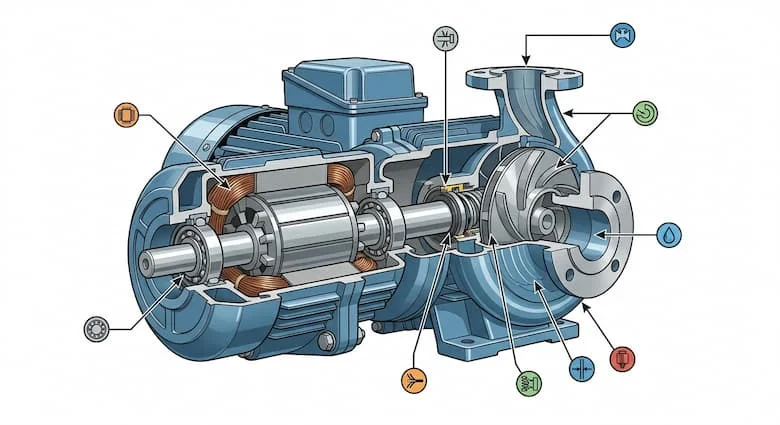 Sơ đồ kỹ thuật cắt ngang của máy bơm nước ly tâm TECO 3HP, hiển thị các bộ phận bên trong được chú thích trực quan (động cơ, trục, cánh quạt, vỏ bơm, cửa hút, cửa xả, phớt cơ khí, ổ bi)