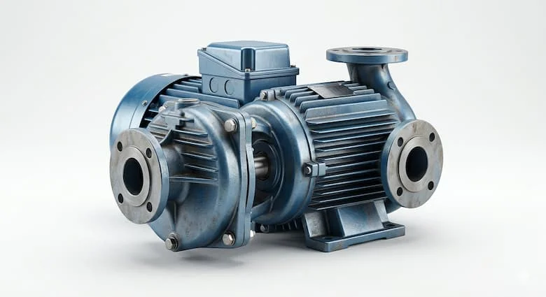 Ảnh chụp sản phẩm siêu thực của máy bơm nước TECO 3HP, thiết kế bơm ly tâm công nghiệp, màu xanh kim loại và thân bằng gang