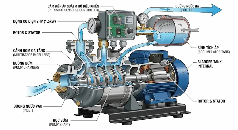 Nguyên lý hoạt động của máy bơm tăng áp