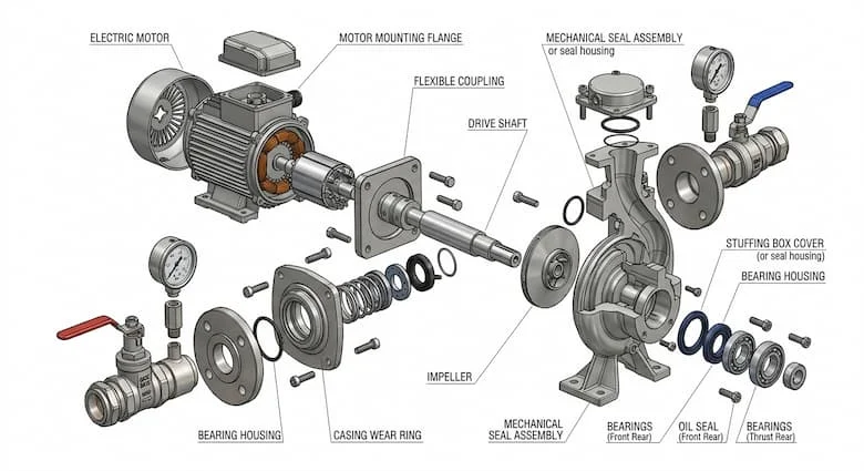 Hình ảnh tháo rời của một bơm tăng áp kiểu thẳng hàng, thể hiện động cơ, cánh quạt, trục, ổ bi, vỏ bơm, phớt cơ khí, cửa hút và cửa xả, minh họa kỹ thuật công trình với chú thích
