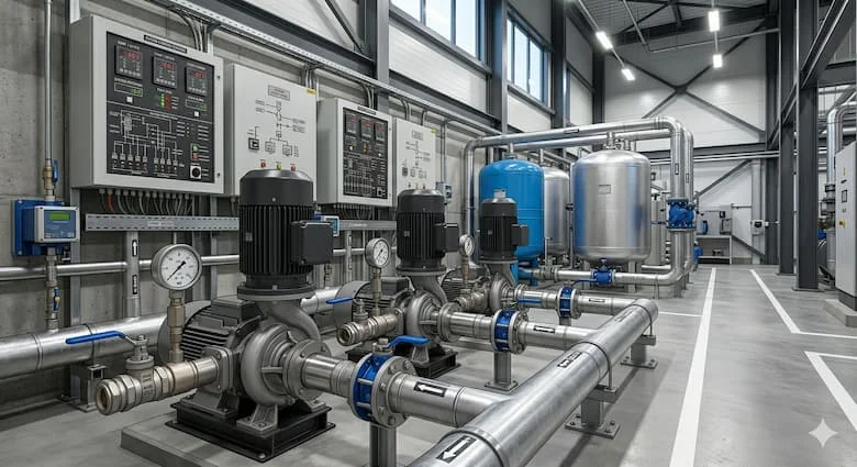 Hệ thống cấp nước tòa nhà hiện đại với máy bơm tăng áp gắn trên đường ống, đồng hồ đo áp suất, bảng điều khiển và bể chứa nước, môi trường công nghiệp chân thực