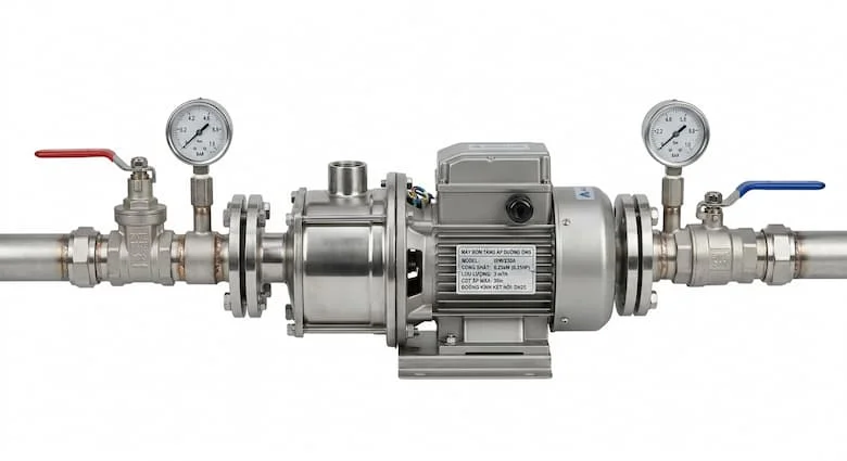 Máy bơm tăng áp nước lắp đặt trên đường ống, thân bơm bằng thép không gỉ, hình ảnh sản phẩm công nghiệp, chụp riêng trên nền trắng