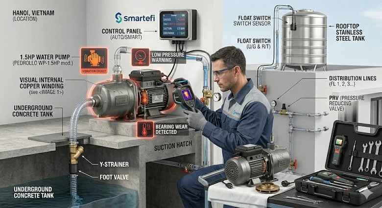 Kỹ thuật viên đang kiểm tra một máy bơm nước tăng áp bị ồn, kiểm tra vòng bi, cánh quạt và công tắc áp suất bằng các dụng cụ chuyên nghiệp, hệ thống cấp nước dân dụng
