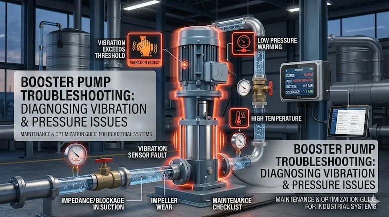 Máy bơm nước gia dụng hoạt động với độ rung và tiếng ồn quá mức, chủ nhà đang kiểm tra máy bơm, có thể nhìn thấy đường ống nước và hệ thống áp suất, cảnh bảo trì thực tế, chuyên nghiệp