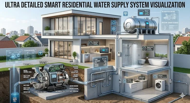một hệ thống cấp nước sinh hoạt hiện đại, chân thực sử dụng máy bơm nước thông minh. Thể hiện một ngôi nhà nhiều tầng, bể chứa nước trên mái nhà, đường ống, phòng tắm và thiết bị nhà bếp nhận được áp lực nước ổn định