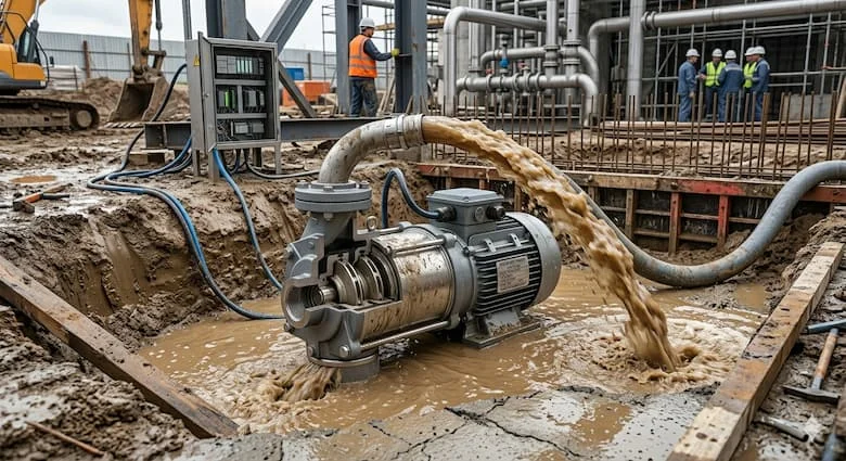 Máy bơm chìm 1,1 kW hoạt động trong hố móng công trường, hút nước bùn hiệu quả, môi trường công nghiệp