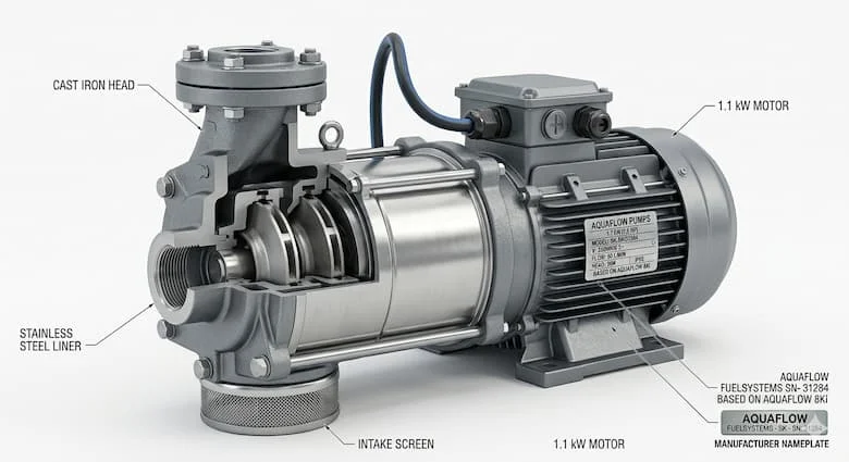 Máy bơm nước chìm 1.1 kW siêu thực, cấu tạo bằng thép không gỉ và gang, ảnh sản phẩm công nghiệp, tách biệt trên nền trắng, phong cách catalogue chuyên nghiệp