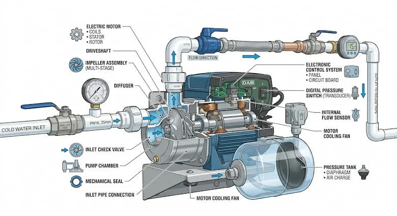 Sơ đồ kỹ thuật cắt ngang của một máy bơm nước áp lực tự động, thể hiện các bộ phận bên trong được đánh dấu bao gồm động cơ điện, cánh quạt, công tắc áp suất, buồng bơm, ống dẫn nước vào, ống dẫn nước ra