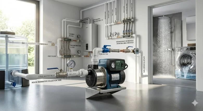 Máy bơm nước áp lực tự động cung cấp nước cho một ngôi nhà ba tầng hiện đại. Nhiều vòi nước hoạt động đồng thời, bao gồm vòi sen, máy giặt