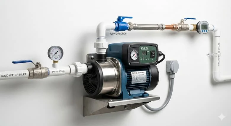 Hình ảnh sản phẩm cực kỳ chân thực về một máy bơm tăng áp tự động được lắp đặt trong hệ thống cấp nước gia đình hiện đại. Máy bơm tăng áp tự mồi nhỏ gọn được kết nối với đường ống PVC