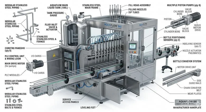 Hình ảnh tháo rời của một máy chiết rót tự động, thể hiện các vòi chiết rót, bồn chứa chất lỏng, bơm piston, hệ thống băng tải, bảng điều khiển, cảm biến và khung thép không gỉ