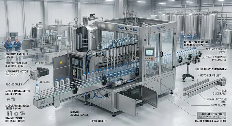 Máy chiết rót tự động đóng chai nước uống và các loại đồ uống khác trên dây chuyền sản xuất tốc độ cao, thiết bị bằng thép không gỉ đạt tiêu chuẩn thực phẩm, hệ thống băng tải, môi trường nhà máy hiện đại