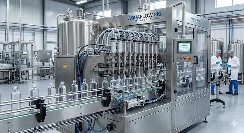 Máy chiết rót chất lỏng tự động siêu thực trong một nhà máy sản xuất hiện đại, kết cấu bằng thép không gỉ, nhiều vòi chiết rót, thiết bị công nghiệp chuyên nghiệp