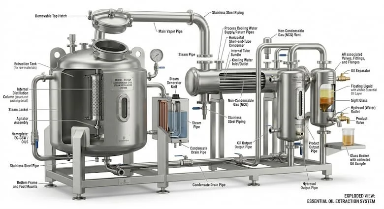 Hình ảnh tháo rời các bộ phận của máy chiết xuất tinh dầu, bao gồm bồn chiết xuất, máy phát hơi nước, bình ngưng tụ, hệ thống làm mát, bộ tách dầu, đường ống bằng thép không gỉ