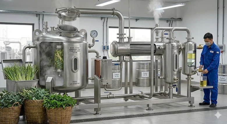Quy trình chiết xuất tinh dầu sử dụng sả, bạch đàn và các loại thảo mộc, thiết bị chưng cất bằng thép không gỉ hoạt động trong xưởng hiện đại, nguyên liệu thô tự nhiên