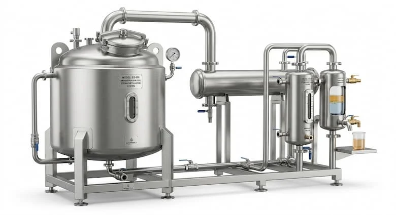 Máy chiết xuất tinh dầu công nghiệp làm bằng thép không gỉ 304, hệ thống chưng cất hoàn chỉnh với bồn chiết xuất, bộ ngưng tụ và bộ tách dầu, hình ảnh sản phẩm chuyên nghiệp