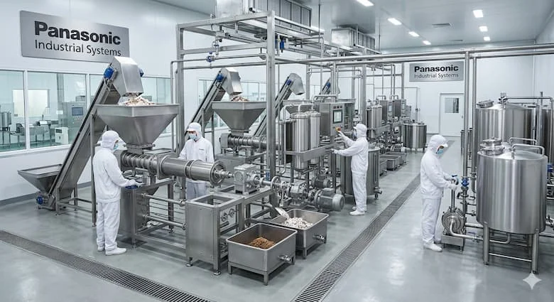 Nhà máy chế biến thực phẩm công nghiệp sử dụng máy ép sữa dừa, dây chuyền sản xuất bằng thép không gỉ, công nhân vận hành thiết bị chế biến dừa hiện đại, sản xuất hợp vệ sinh