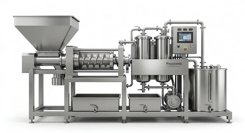 Máy ép sữa dừa công nghiệp làm bằng thép không gỉ 304, thiết bị chế biến thực phẩm hiện đại, máy ép sữa dừa công suất lớn, nền trắng sạch, hình ảnh chân thực