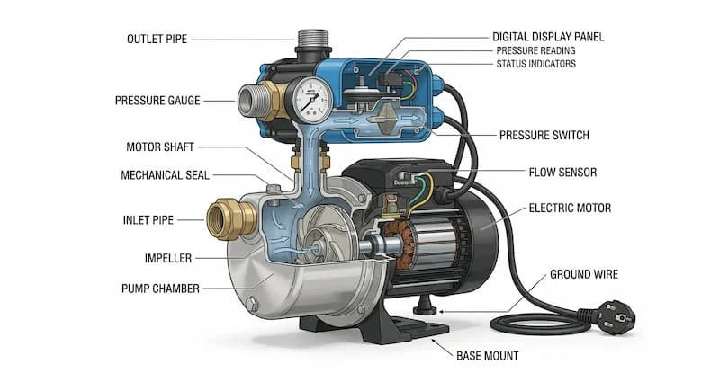 Sơ đồ kỹ thuật cắt ngang của một máy bơm tăng áp nước gia dụng, các bộ phận được đánh dấu bao gồm động cơ điện, cánh quạt, buồng bơm, công tắc áp suất, cảm biến lưu lượng, ống dẫn vào và ra, kỹ thuật sạch