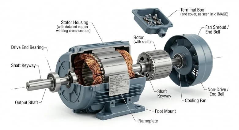 Hình ảnh tháo rời của một động cơ điện 1HP thể hiện stato, rôto, trục, ổ bi, quạt làm mát, hộp đấu dây, cuộn dây đồng, hình minh họa kỹ thuật