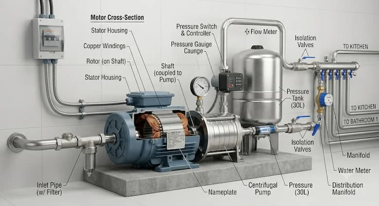 Động cơ điện 1HP kết nối với bơm nước ly tâm, hệ thống bơm nước gia đình hoàn chỉnh, mô phỏng lắp đặt thực tế, đường ống bằng thép không gỉ, hình ảnh kỹ thuật chuyên nghiệp