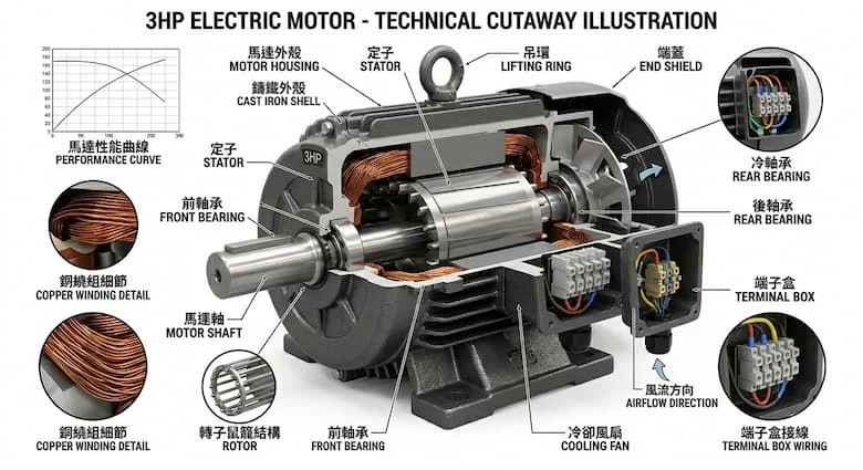 bản vẽ kỹ thuật chi tiết, mặt cắt ngang của động cơ điện 3HP dùng cho máy bơm nước. Thể hiện và ghi nhãn các bộ phận chính bao gồm stato, rôto, cuộn dây đồng, trục, ổ bi, quạt làm mát, hộp đấu dây và vỏ động cơ
