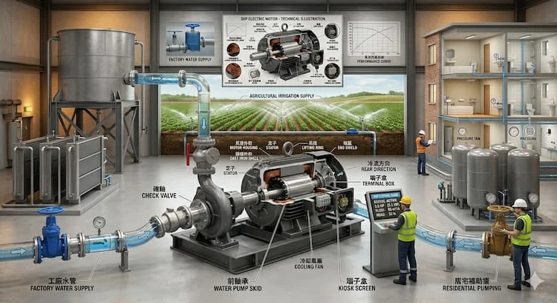 cảnh thực tế thể hiện hoạt động của động cơ bơm nước 3 mã lực trong hệ thống tưới tiêu nông nghiệp, cấp nước nhà máy và bơm nước sinh hoạt. Bao gồm đường ống, bể chứa nước, vòi phun tưới và thiết bị công nghiệp