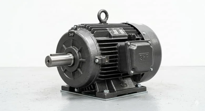 ảnh sản phẩm thương mại độ phân giải cao cho động cơ bơm nước 3HP (động cơ điện 2,2kW). Vỏ bằng gang, cánh tản nhiệt, hộp đấu dây, trục thép và thiết kế công nghiệp