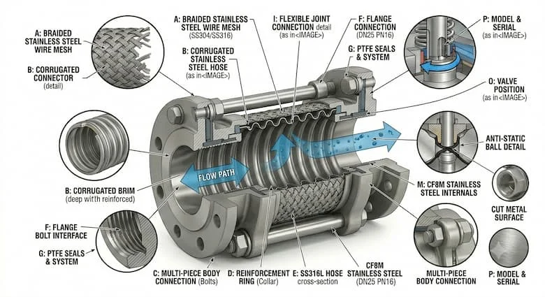 bản vẽ minh họa 3D chi tiết cao về một khớp nối mềm bằng thép không gỉ, thể hiện các thành phần bên trong bao gồm ống mềm bằng thép không gỉ dạng sóng, lưới thép bện, vòng gia cường, các mối nối mặt bích và các bộ phận làm kín