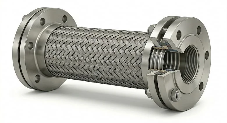 ảnh sản phẩm chuyên nghiệp cho khớp nối mềm bằng thép không gỉ (khớp giãn nở Inox), có lưới thép không gỉ bện, ống kim loại lượn sóng, các mối nối mặt bích, là một phần của đường ống công nghiệp