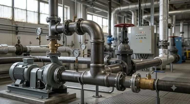 khung cảnh công nghiệp chân thực thể hiện các phụ kiện đường ống thép được lắp đặt trong một hệ thống đường ống hoàn chỉnh bên trong nhà máy. Các ống thép carbon được kết nối bằng các cút nối, chữ T, bộ giảm đường kính, mặt bích và khớp nối để tạo ra một mạng lưới đường ống phức tạp